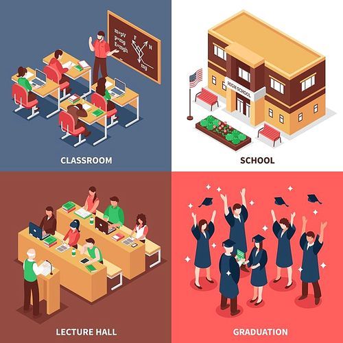 High school classroom lesson lecture graduation and  building outdoor isometric view 4 icons square isolated vector illustration