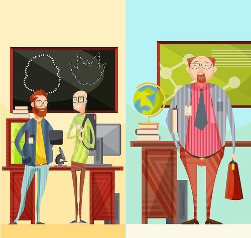 Vertical retro banners with talking teachers near desk, educational specialist with briefcase and book isolated vector illustration