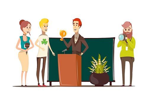 Lucky situations flat composition with prizewinner behind the podium photographer reporter and journalist doodle style characters vector illustration