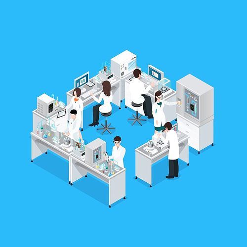 Laboratory isometric composition with workbench research equipment and group of working faceless scientist characters in uniform vector illustration