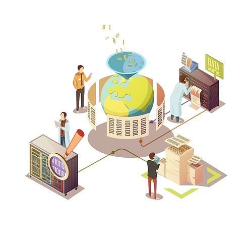 Isometric design with search and processing of global information staff and computer equipment vector illustration