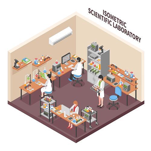 Scientists laboratory composition with isometric research facility interior workers in operating gowns equipment and workplace furniture vector illustration