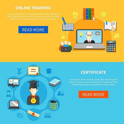 Two isolated horizontal online training banner set with online certificate description and read more button vector illustration