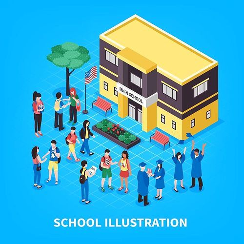 Students and graduates near school building with flag flowerbed and benches on blue background isometric vector illustration