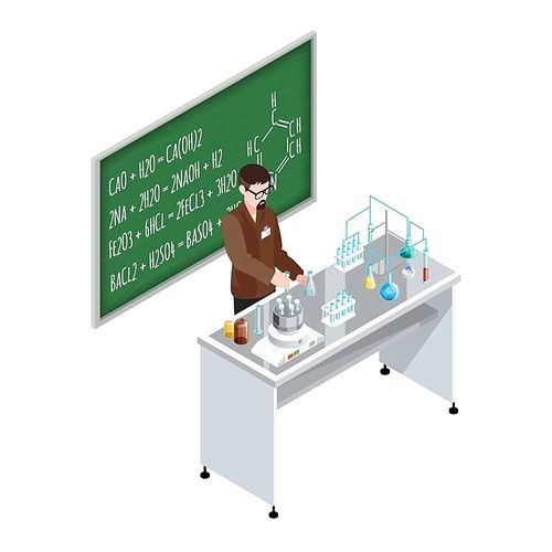 School composition with teacher character at table with test tubes and equipment with blackboard and formulas vector illustration
