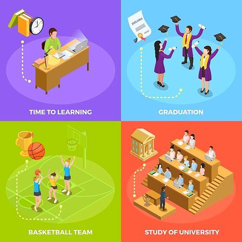 University students 4 isometric icons square poster with basketball match graduation and study work moments isolated vector illustration