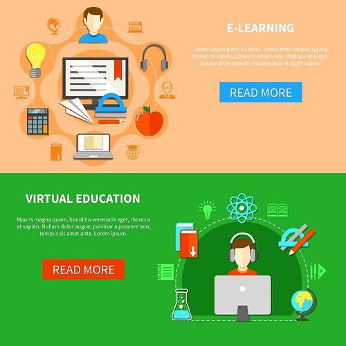 Two horizontal e learning banner set with virtual education headline and buttons read more vector illustration