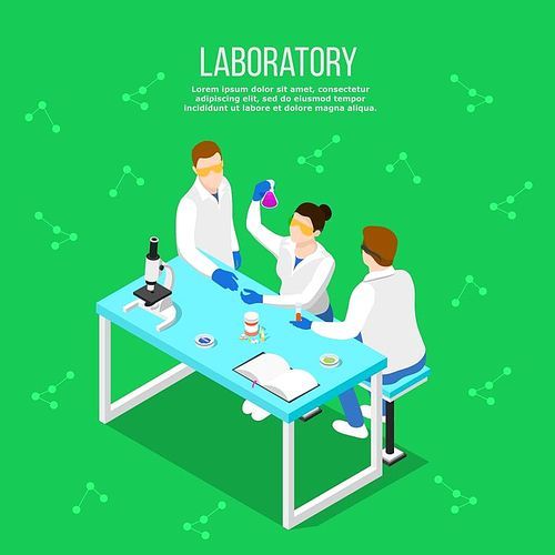 Isometric people doctor composition with human characters of scientists at table with research equipment and molecule silhouettes vector illustration