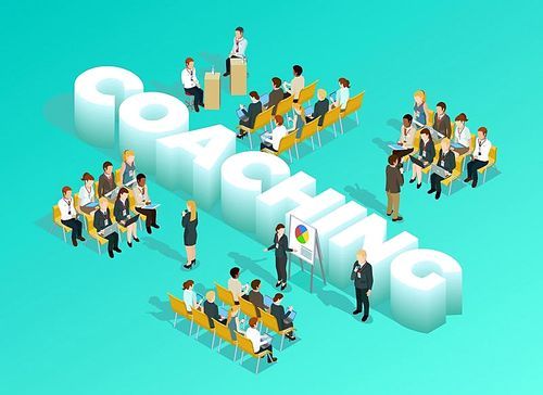 Business education isometric template with 3d coaching inscription presentation meeting staff training and learning isolated vector illustration