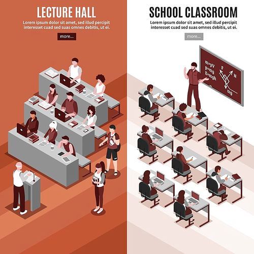 High school 2 vertical isometric banners set with lesson in classroom and lecture in hall isolated vector illustration