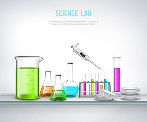 Laboratory equipment composition with syringe bottles tubes realistic symbols on blank background flat vector illustration