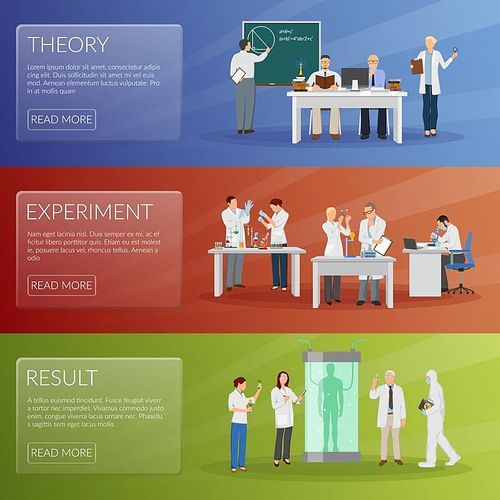 Scientist horizontal banners set with theory and experiment symbols flat isolated vector illustration