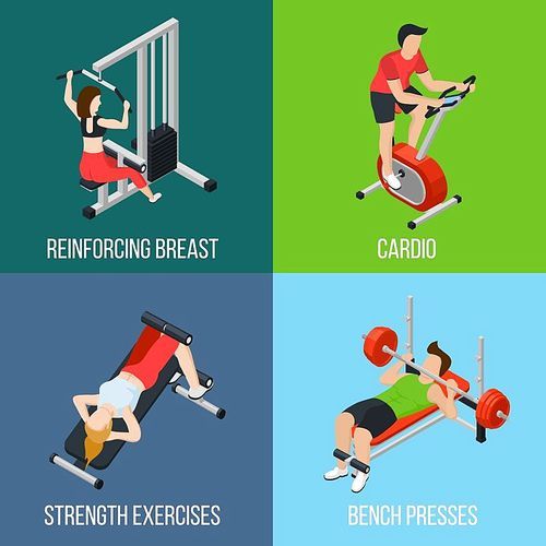 Four square gym people isolated icon set with reinforcing breast cardio strength exercises and bench presses descriptions vector illustration