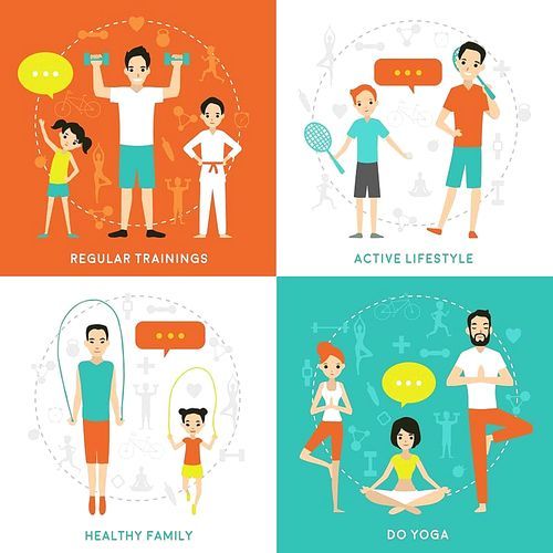Healthy family flat concept with parents children involving in sport physical active lifestyle vector illustration