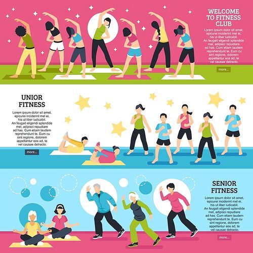 Horizontal banners set with fitness classes for junior and senior persons with yoga elements isolated vector illustration