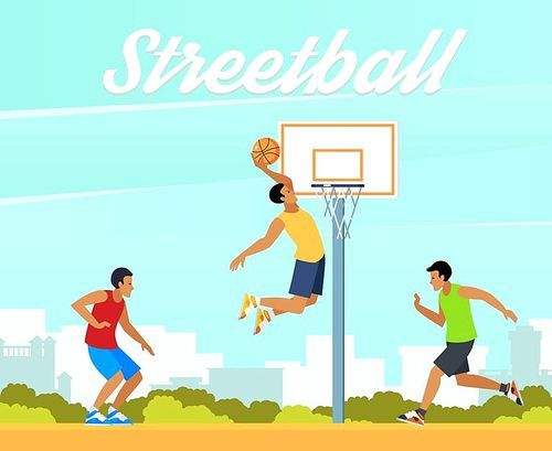 Group of young people playing street basketball in summer on background of city landscape vector illustration