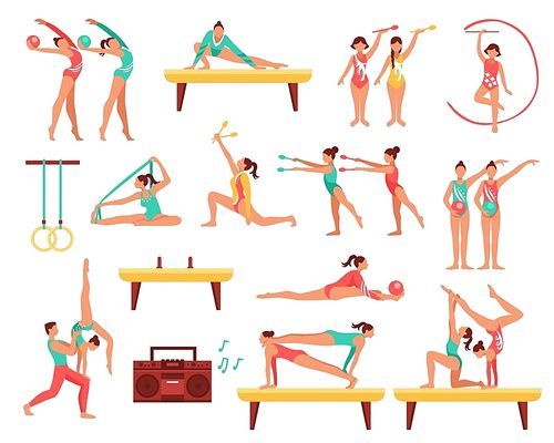 Decorative icons set with gymnastics including girls with sports tools and acrobatics on beam isolated vector illustration