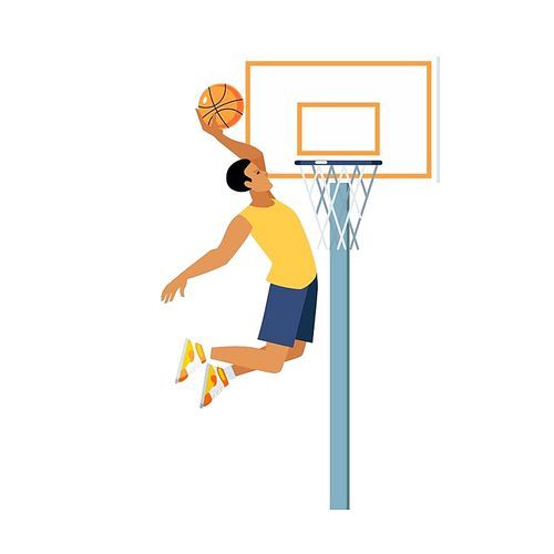Young man doing basketball jump slam dunk near backboard with hoop on white background vector illustration