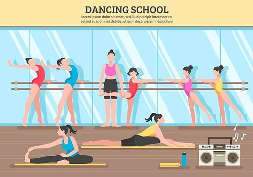 Dancing school with teacher and girl students near mirror and on mats music equipment flat vector illustration