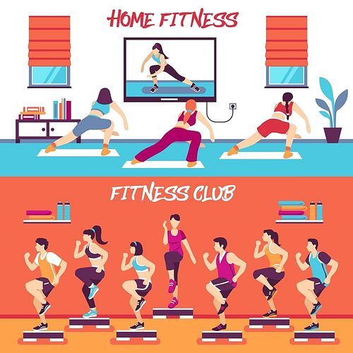 Home and club fitness classes 2 flat horizontal banners set with aerobic steps and slide boards vector illustration