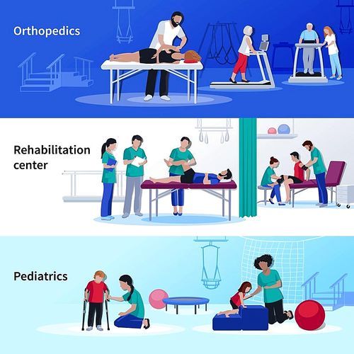 Rehabilitation medical center 3 flat horizontal banners set with orthopedic and pediatric physiotherapy sessions isolated vector illustration