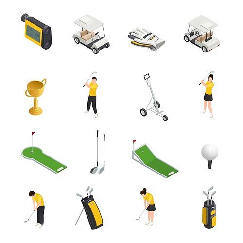 Golf colored isometric isolated icons set of  golfers accessories and equipment for play vector illustration