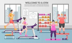 Fitness colored composition with people in the gym and having to work out vector illustration