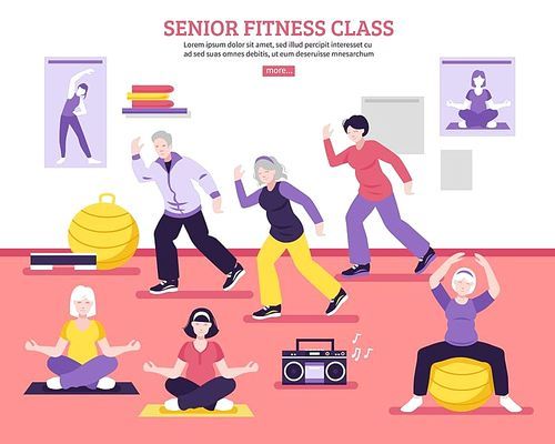 Seniors group fitness class flat webpage design poster with yoga asanas aerobic and balance exercises vector illustration