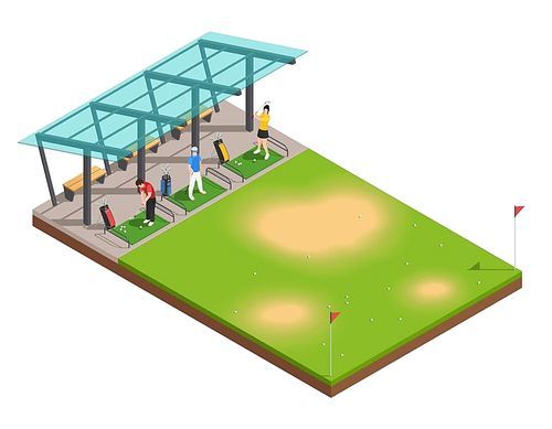 Golf training isometric composition with instructor and players swinging putter under canopy vector illustration