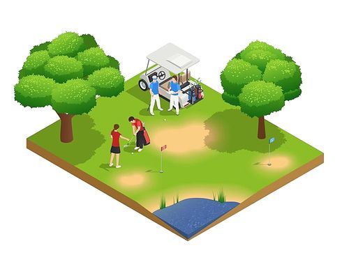 Green golf course isometric top view composition with people golfing and standing near cart vector illustration