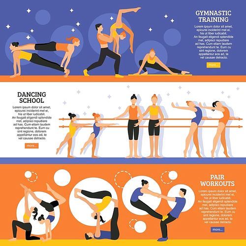Horizontal flat banners set with dance school gymnastic training and exercises of acrobatic couple isolated vector illustration