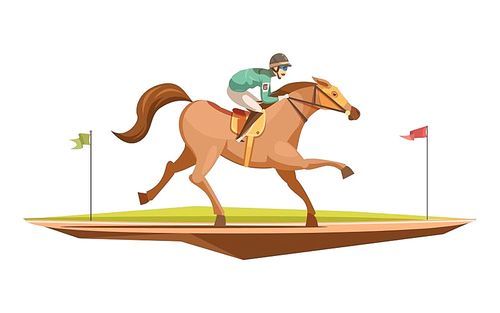 Horse riding retro design concept in cartoon style with jockey on galloping horse flat vector illustration