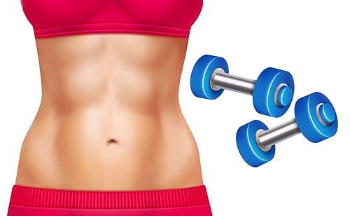 Beautiful woman abs and two dumbbells realistic set isolated on white  vector illustration