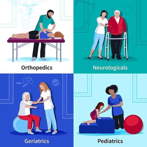 Physiotherapy sessions for geriatric patients with neurological disorders and kids 4 flat icons square isolated vector illustration