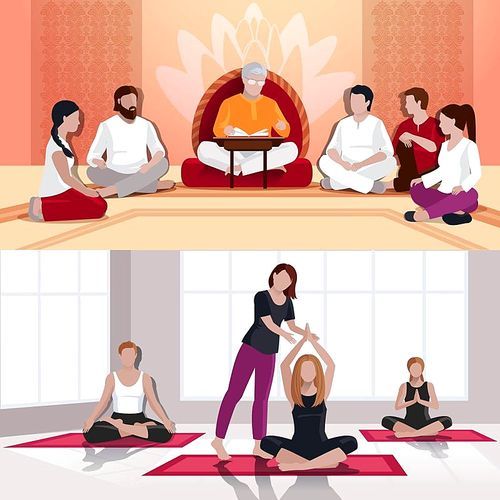 Flat compositions with people in yoga class and spiritual lesson of mentor with book isolated vector illustration