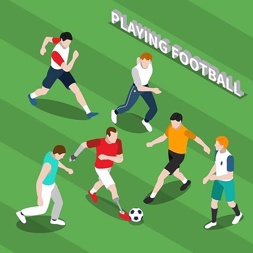 Disabled person with prosthetic limbs playing soccer with healthy people on green textured background isometric vector illustration
