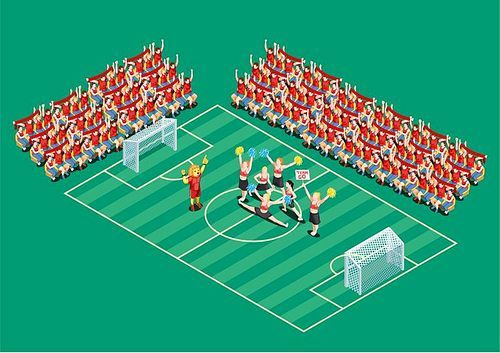 Cheerleading dancers supporting football teams on field 3d isometric vector illustration