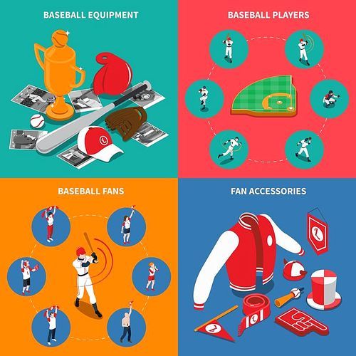 Baseball isometric concept with players and sports equipment game fans and their accessories isolated vector illustration