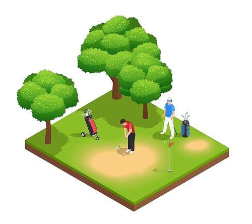 Golf isometric top view composition with two sportsmen playing on golf course bags hole and trees vector illustration