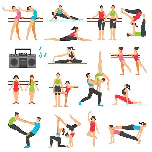 Dance training decorative icons set with girls in various poses stretching acrobatics music system isolated vector illustration