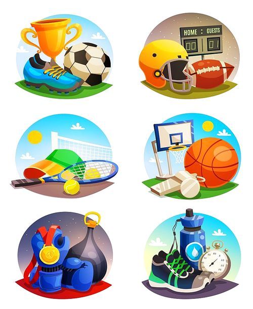 Collection of isolated design pictures with sport inventory for rugby tennis football basketball games flat vector illustration
