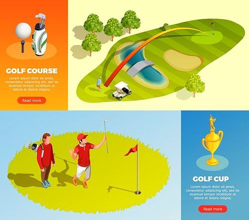 Golf isometric horizontal banners with decorative elements showing playing golfers tournament cup golf course vector illustration