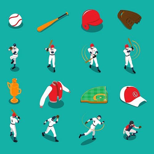 Baseball set of isometric icons with players sports gear and trophy on turquoise  isolated vector illustration