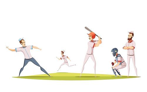 Baseball players design concept with cartoon sportsman figurines engaged in game on sports field flat vector illustration