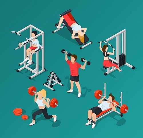Isolated isometric gym people icon set with Men and women at workout vector illustration