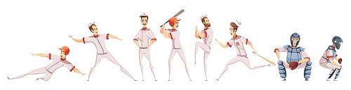 Baseball players colored icons set with cartoon sportsman figurines in different poses on white  flat isolated vector illustration