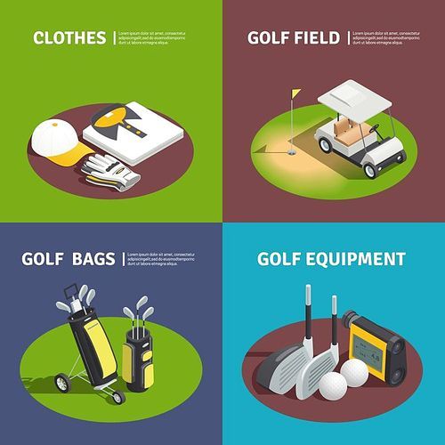 Golf 2x2 isometric design concept with golfer clothes golf bags cart on field and golf equipment square compositions vector illustration