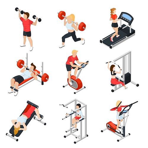Gym and people isometric set with fitness symbols isolated vector illustration
