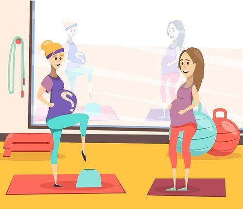 Flat colored pregnancy background with two pregnant women training in yoga class vector illustration