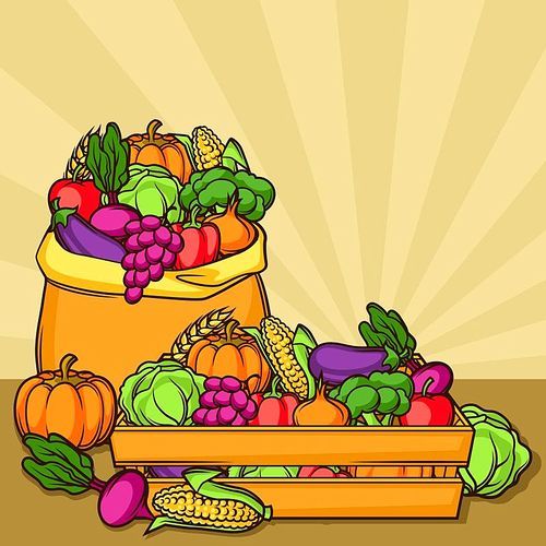 Harvest illustration with seasonal fruits and vegetables.